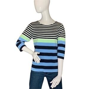 Christopher & Banks Top Size Small Blue Black Green Striped 3/4 sleeve